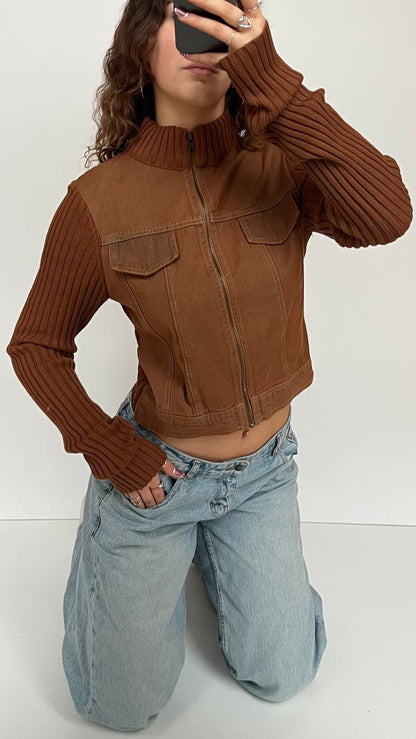 00s brown denim knit jacket- size L