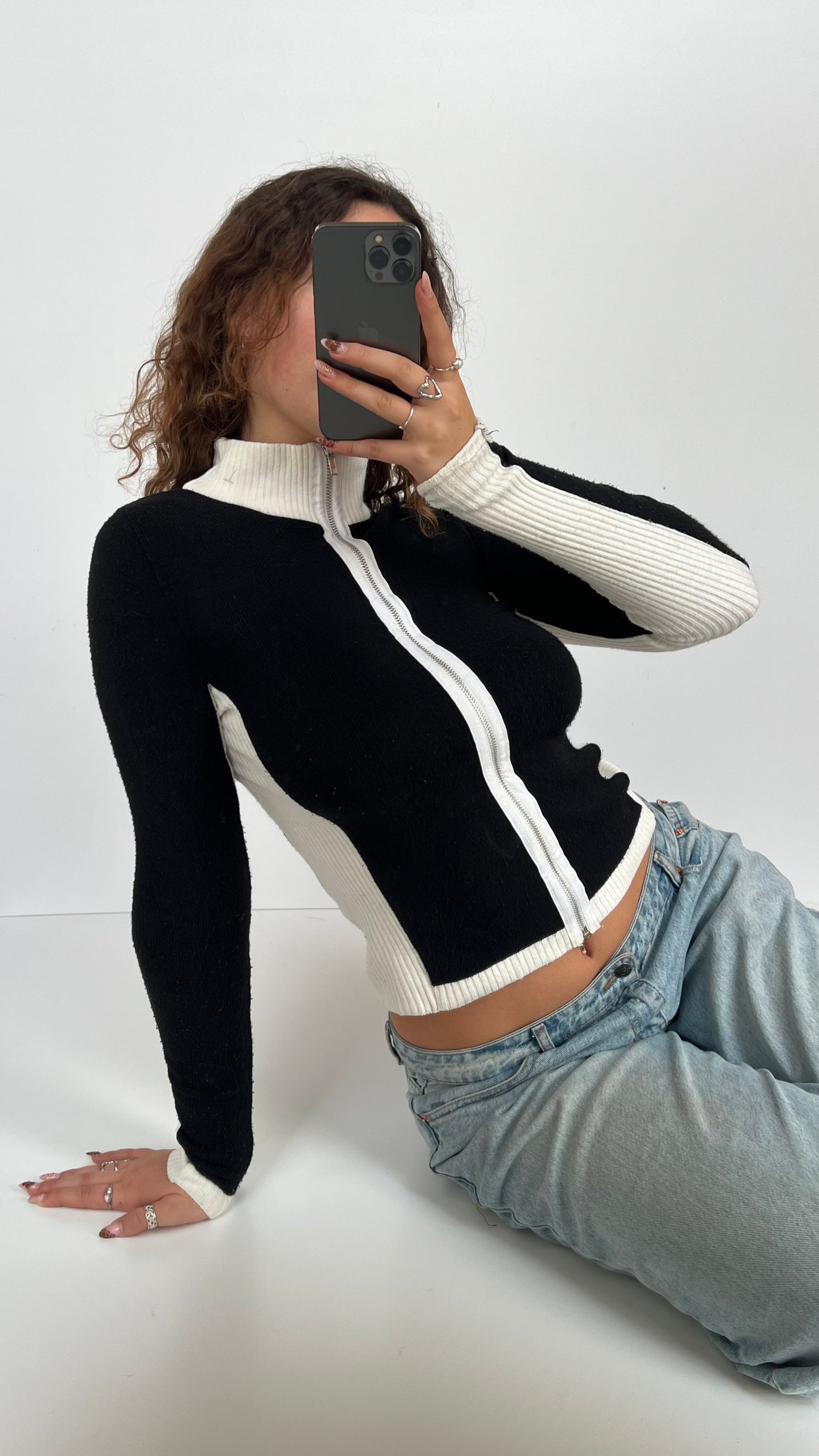 00s black white zip up- size S