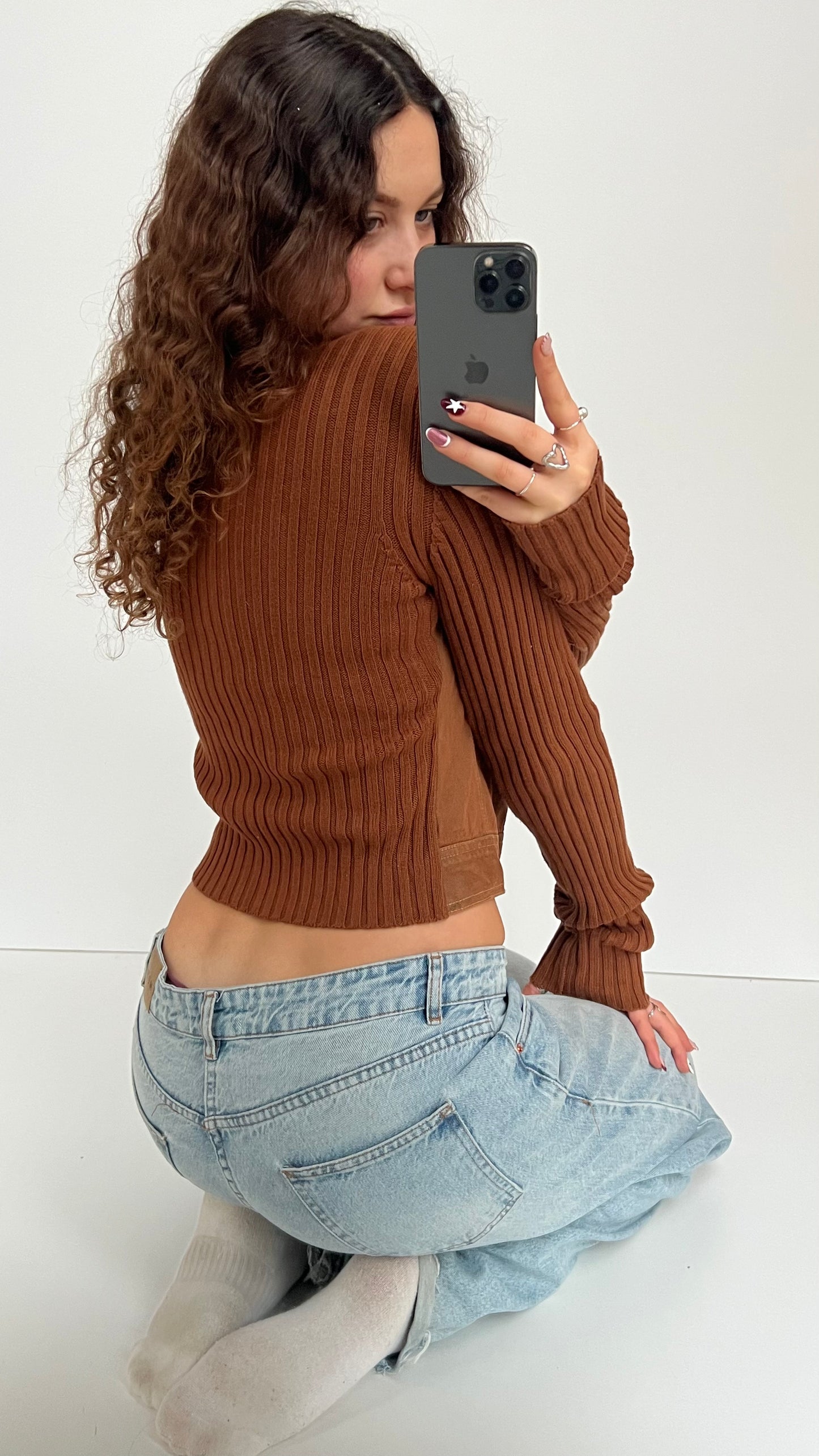 00s brown denim knit jacket- size L