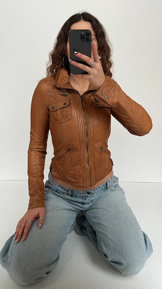 00s caramel brown leather jacket- size S