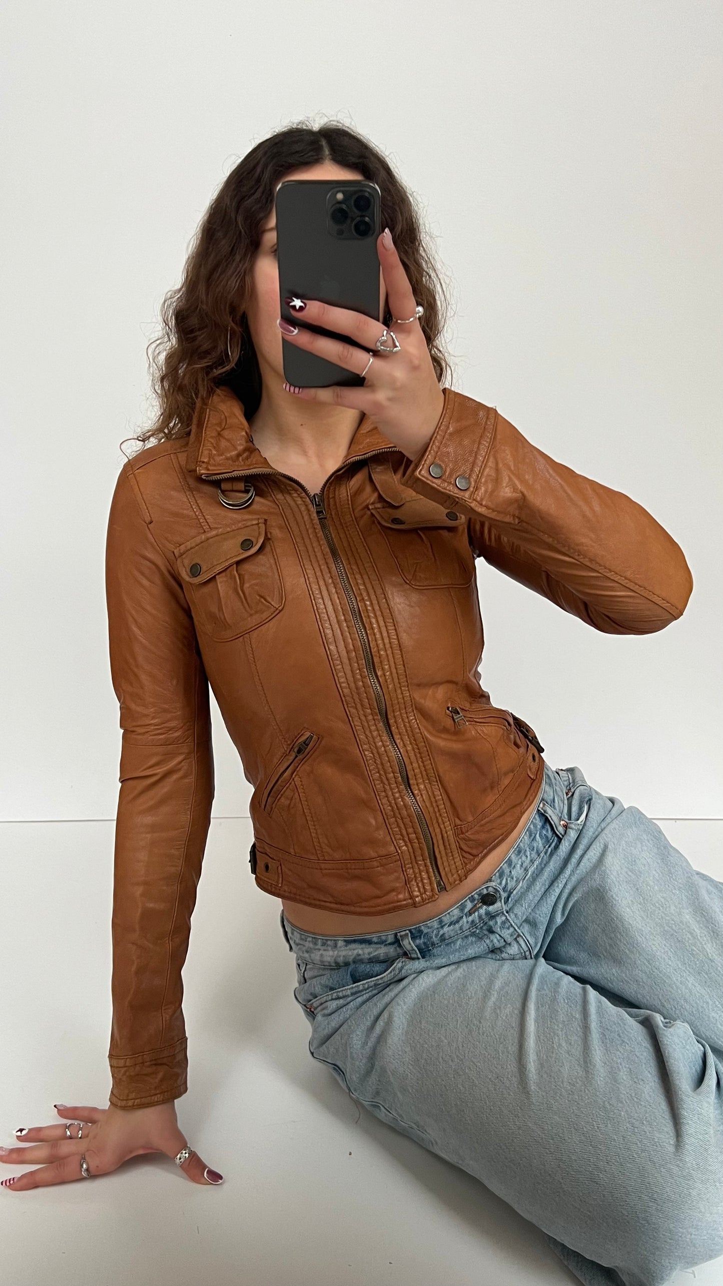 00s caramel brown leather jacket- size S
