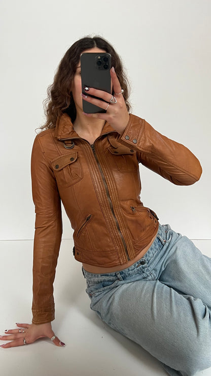 00s caramel brown leather jacket- size S