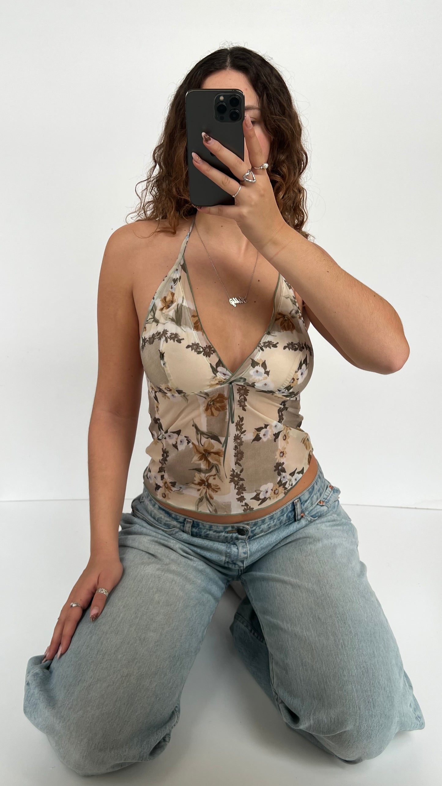 00s beige green floral cami- size S