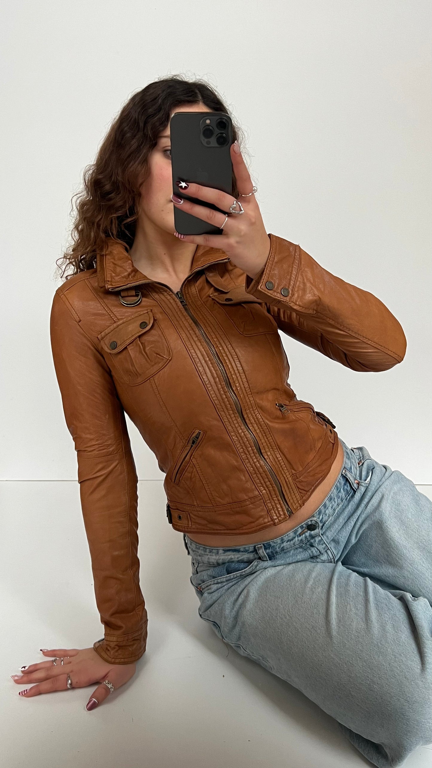 00s caramel brown leather jacket- size S