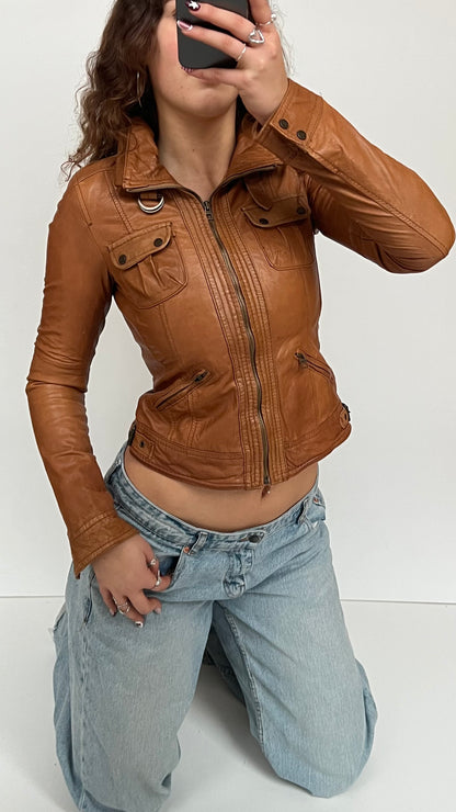 00s caramel brown leather jacket- size S