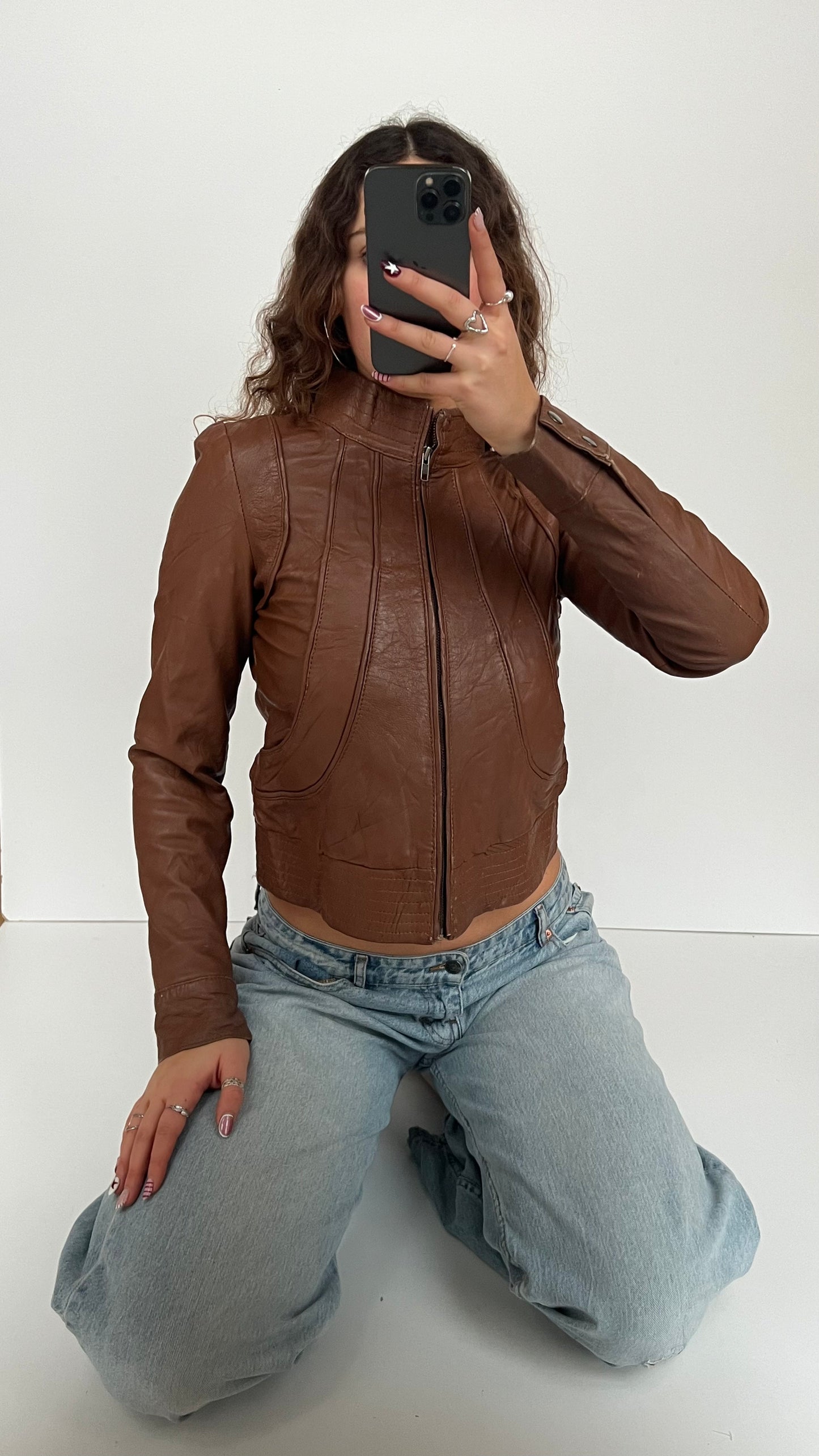 00s brown leather jacket- size S