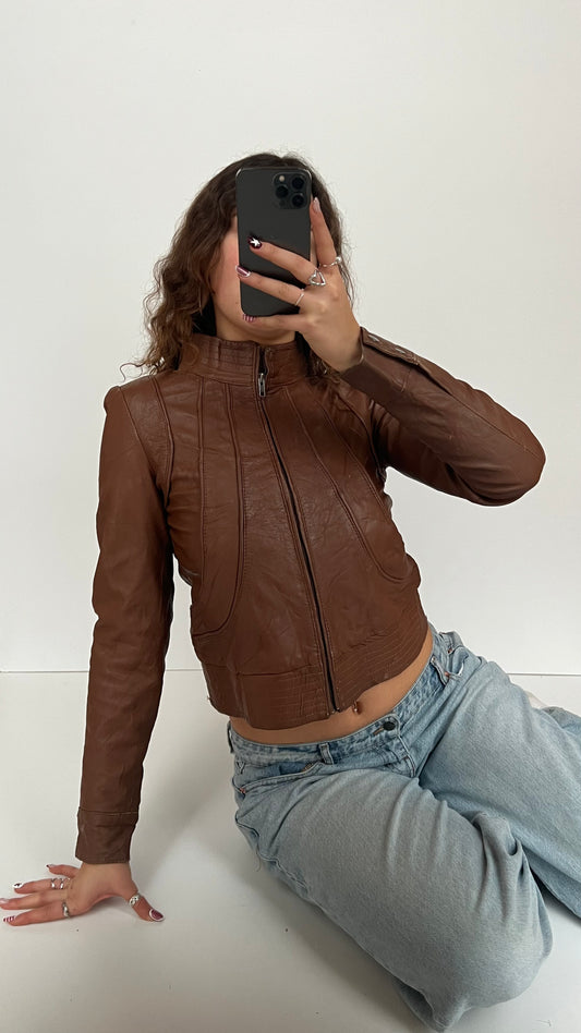 00s brown leather jacket- size S