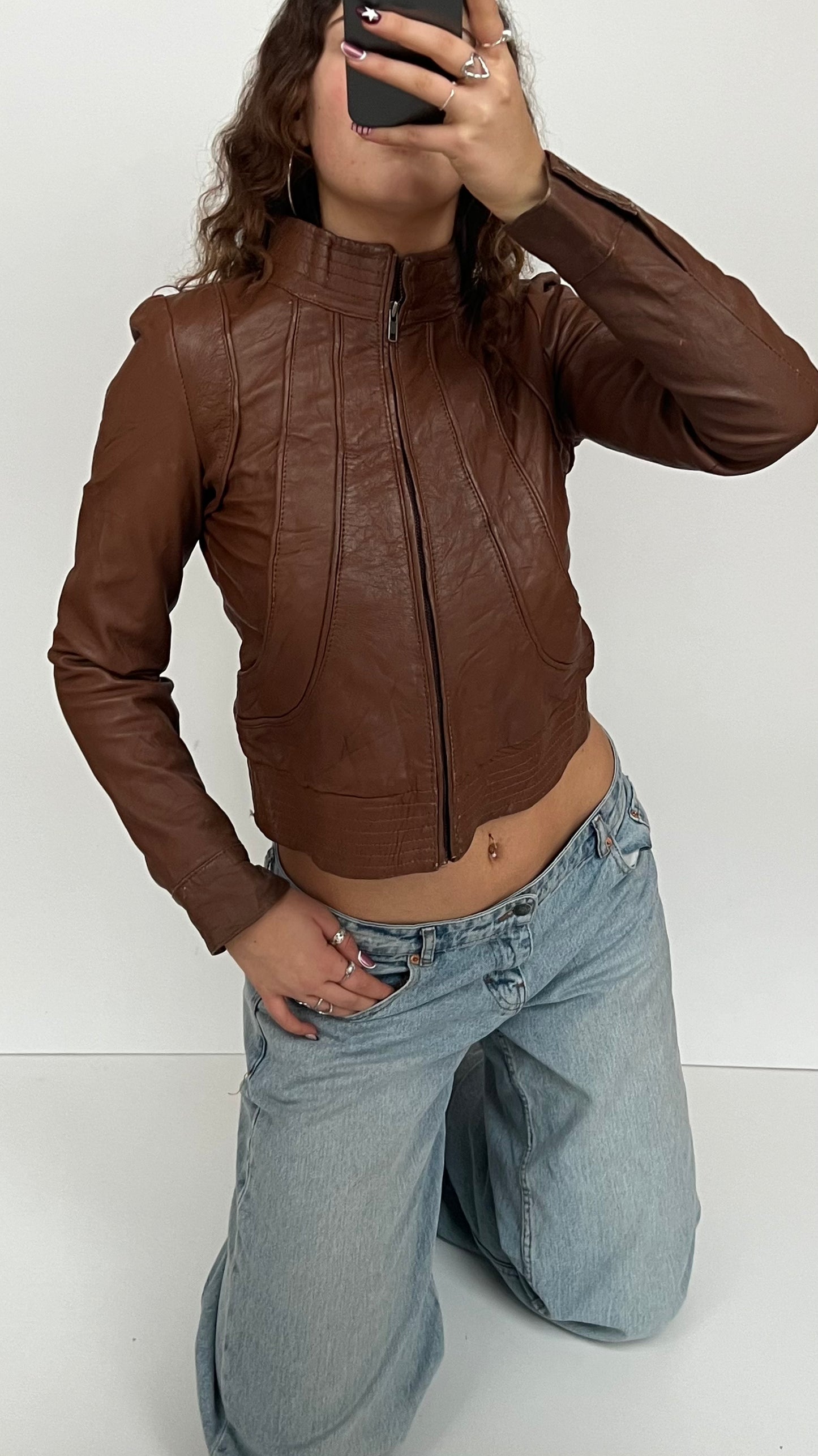 00s brown leather jacket- size S