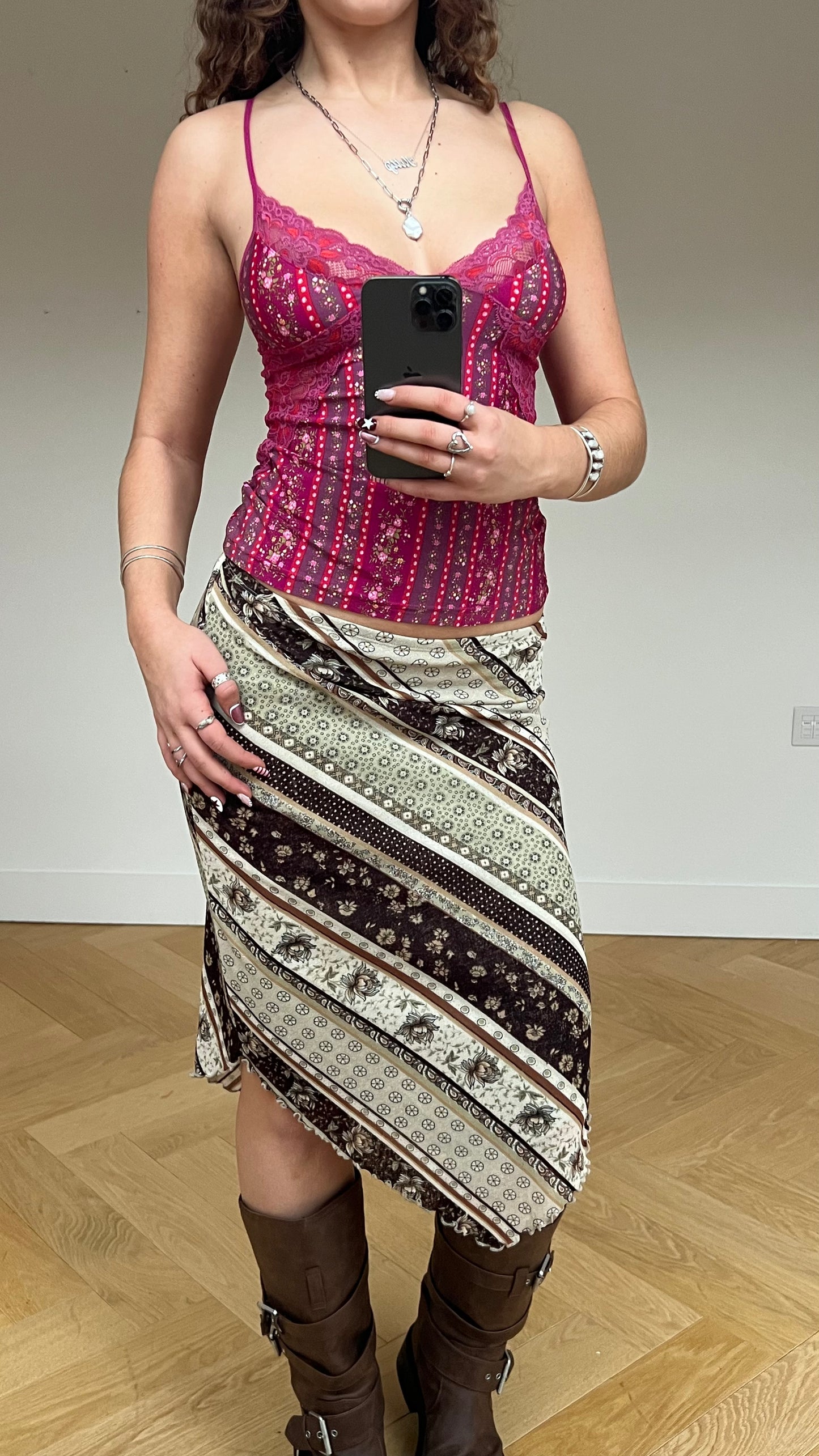 00s green brown mesh midi skirt- size S