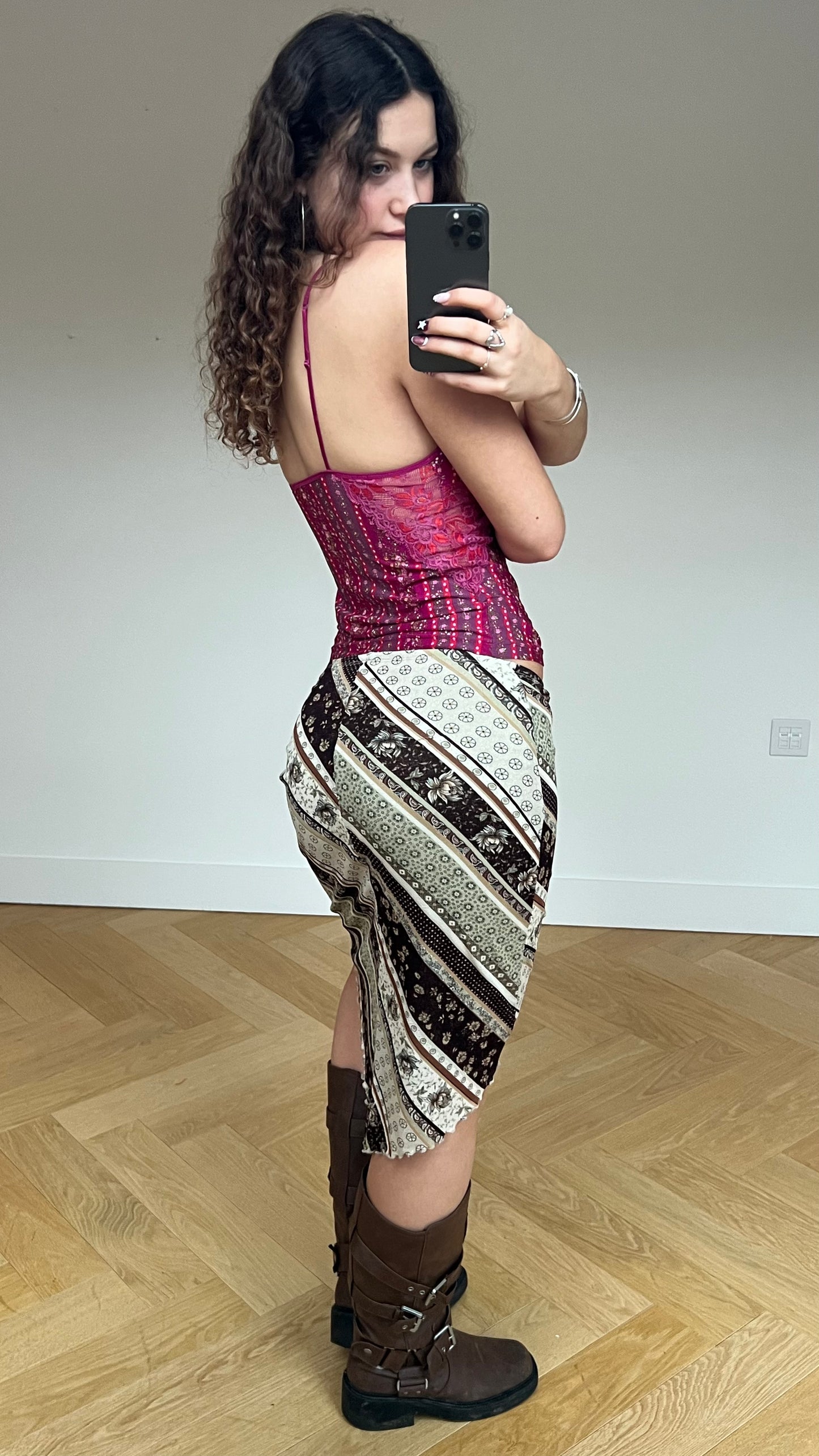 00s green brown mesh midi skirt- size S