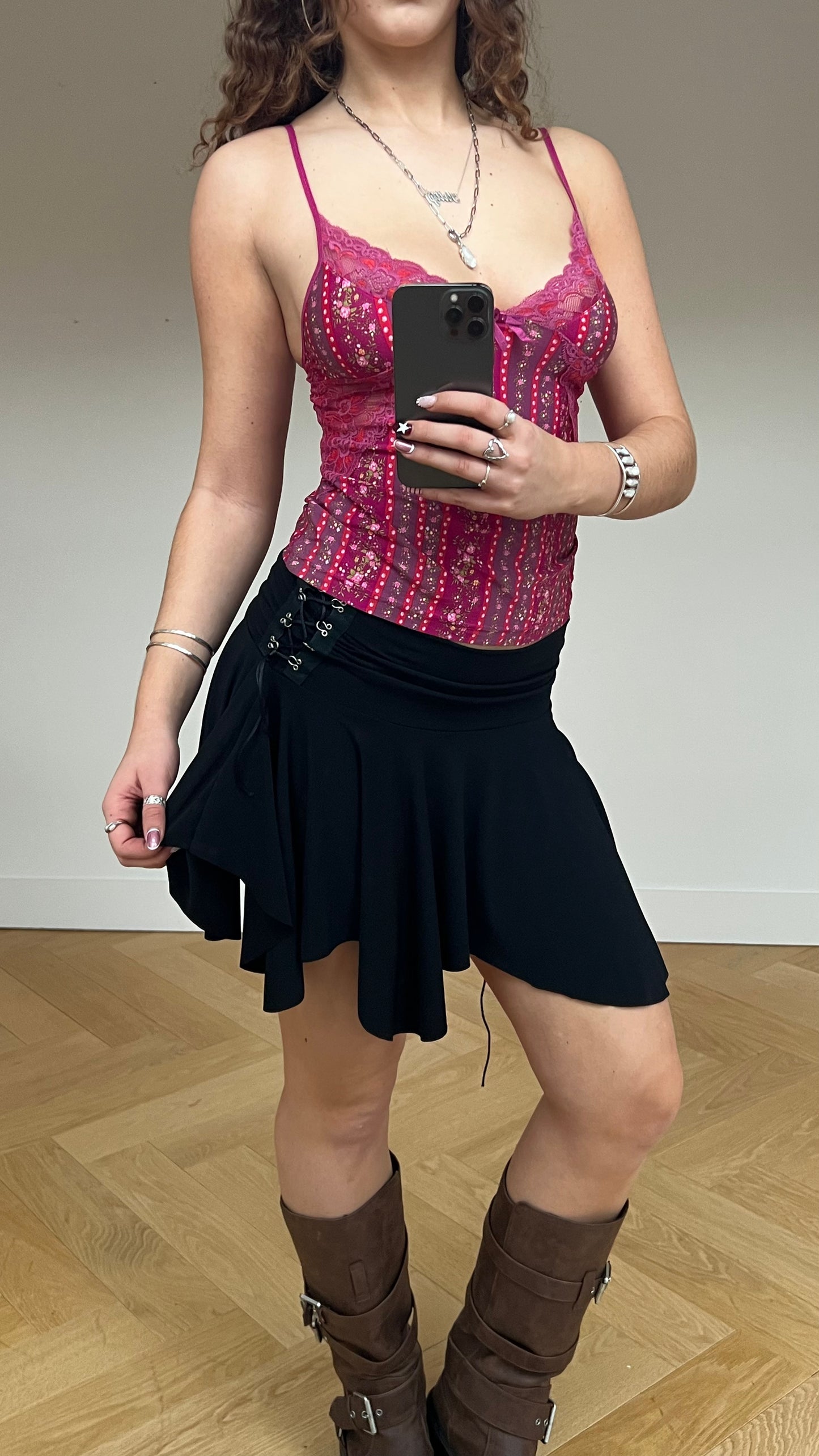 00s black asymmetric mini skirt- size S/M