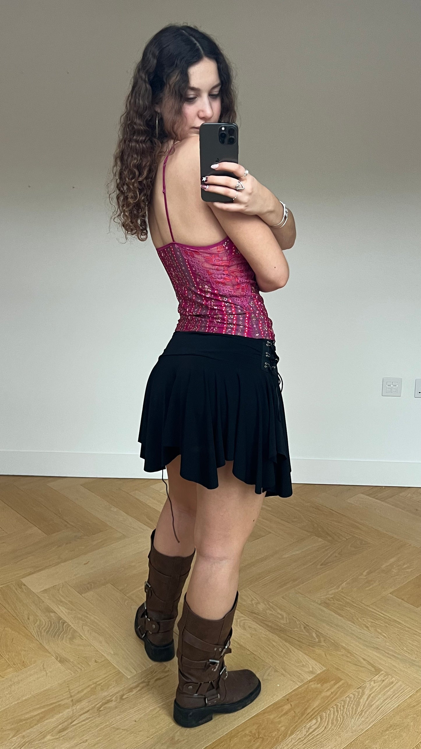 00s black asymmetric mini skirt- size S/M