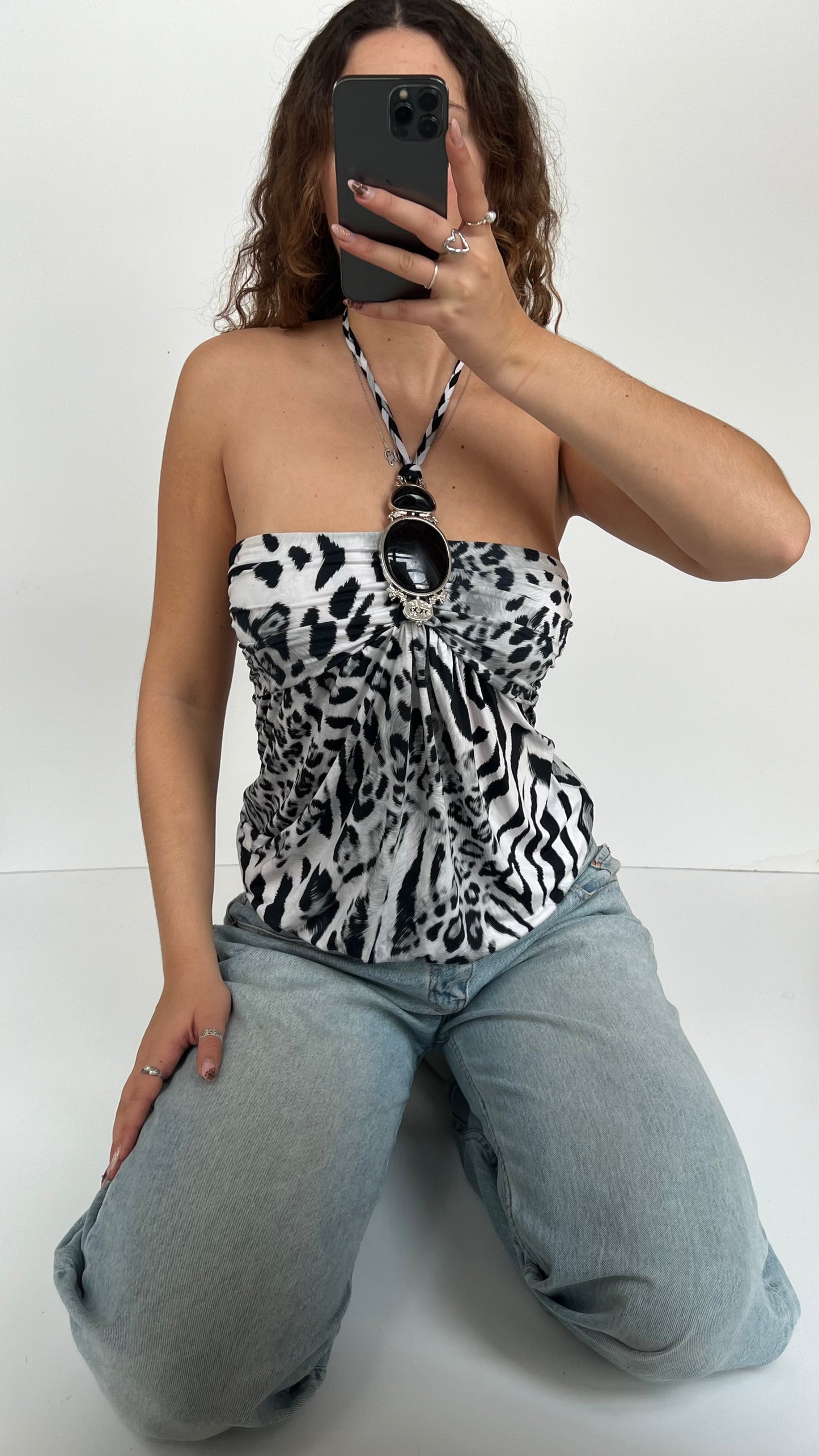 00s grey leopard print halter top- size S/M