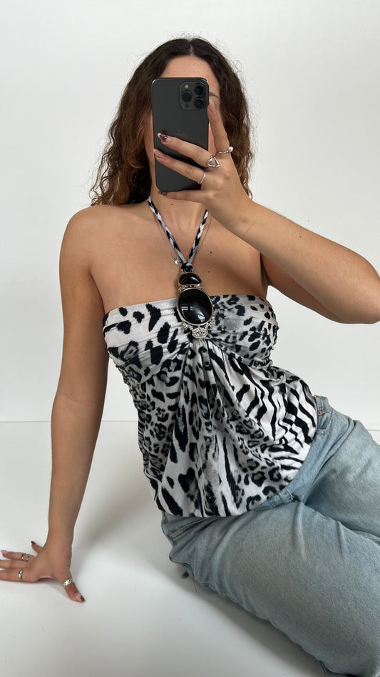 00s grey leopard print halter top- size S/M