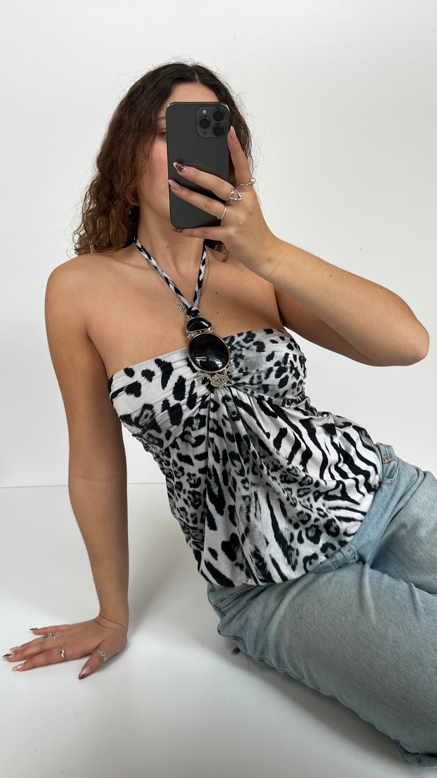 00s grey leopard print halter top- size S/M