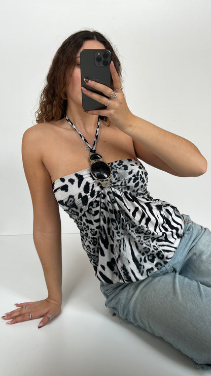 00s grey leopard print halter top- size S/M