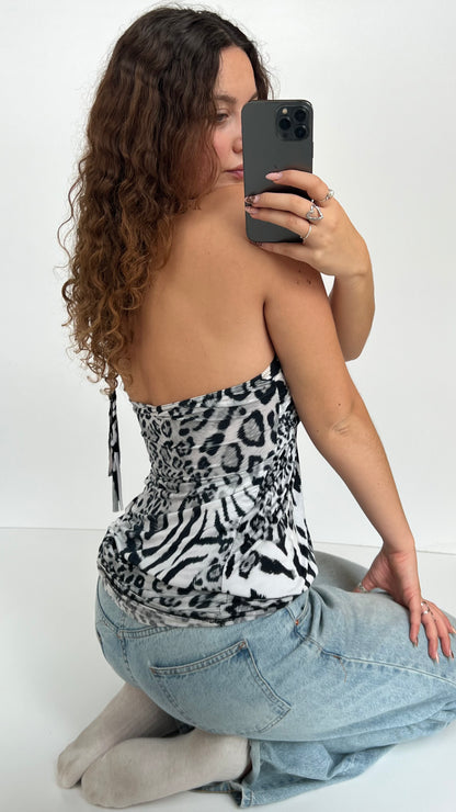 00s grey leopard print halter top- size S/M