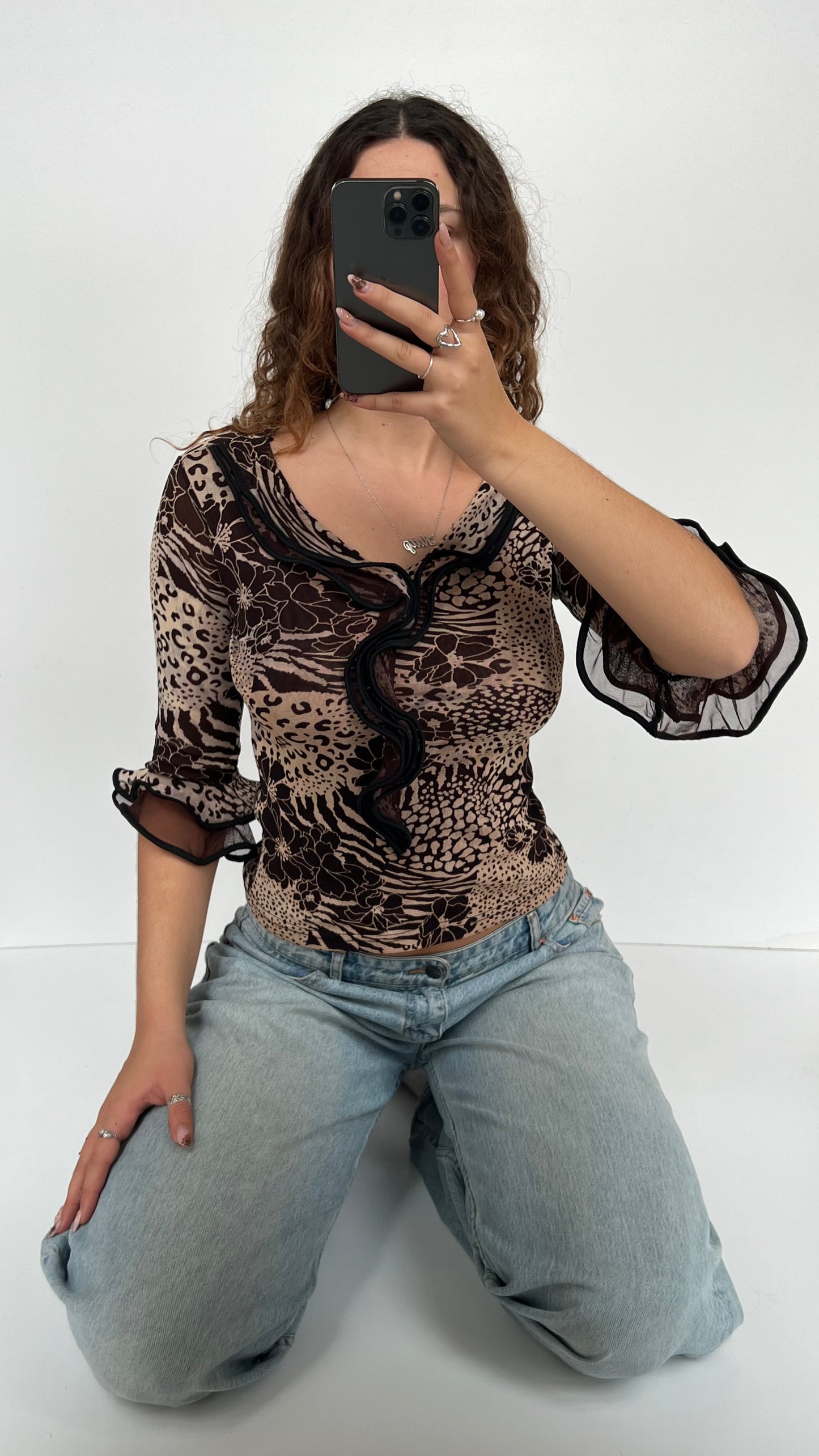 00s brown leopard print mesh ruffle top- size S/M