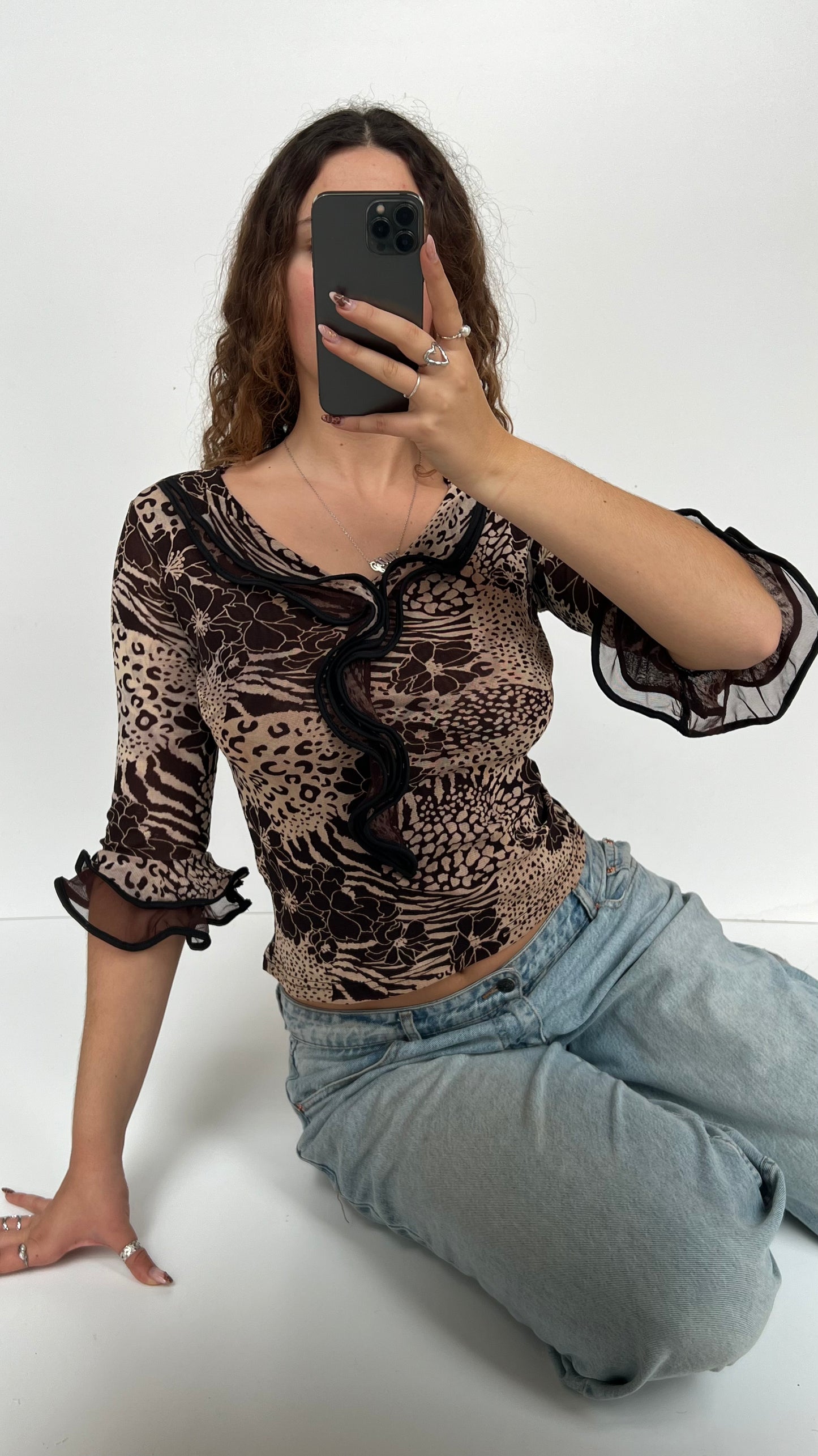 00s brown leopard print mesh ruffle top- size S/M