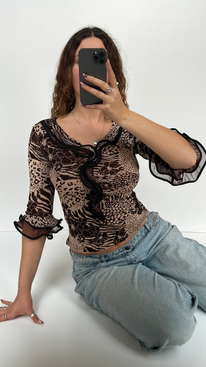 00s brown leopard print mesh ruffle top- size S/M