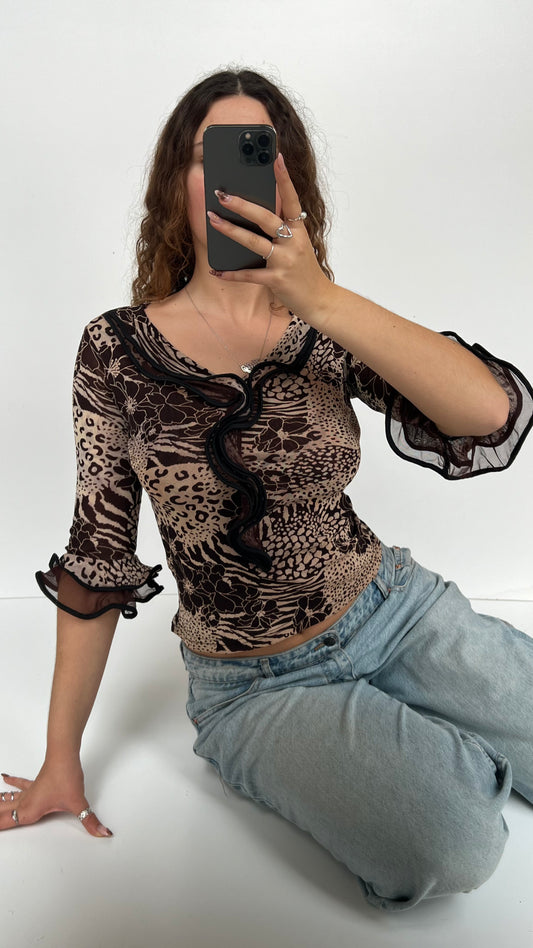 00s brown leopard print mesh ruffle top- size S/M