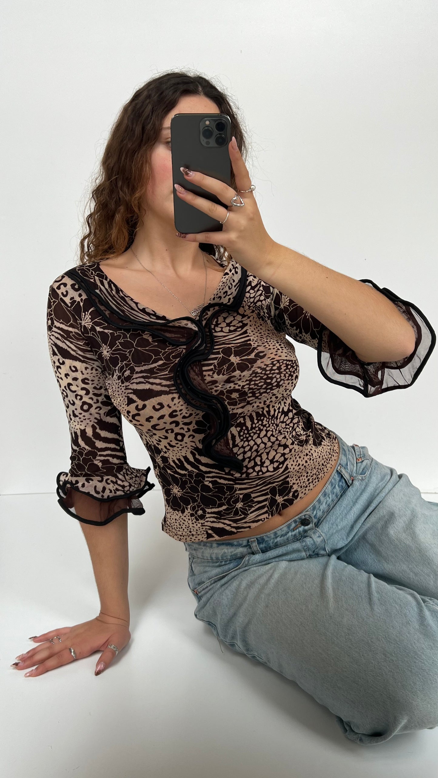 00s brown leopard print mesh ruffle top- size S/M