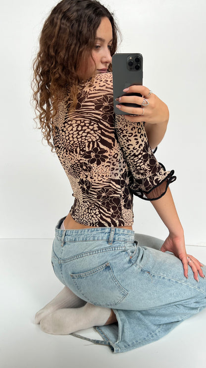 00s brown leopard print mesh ruffle top- size S/M