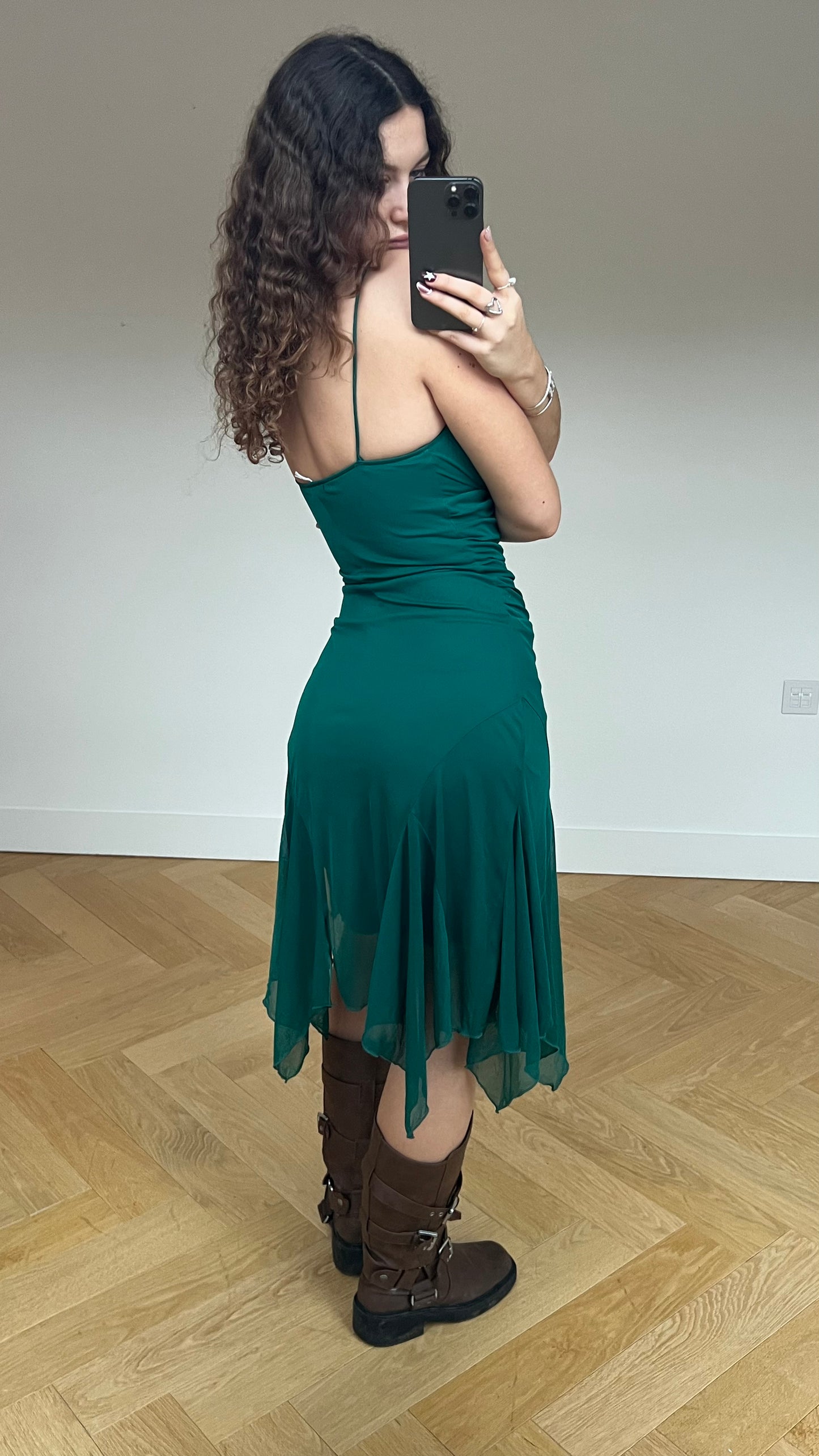 00s green mesh midi dress- size S
