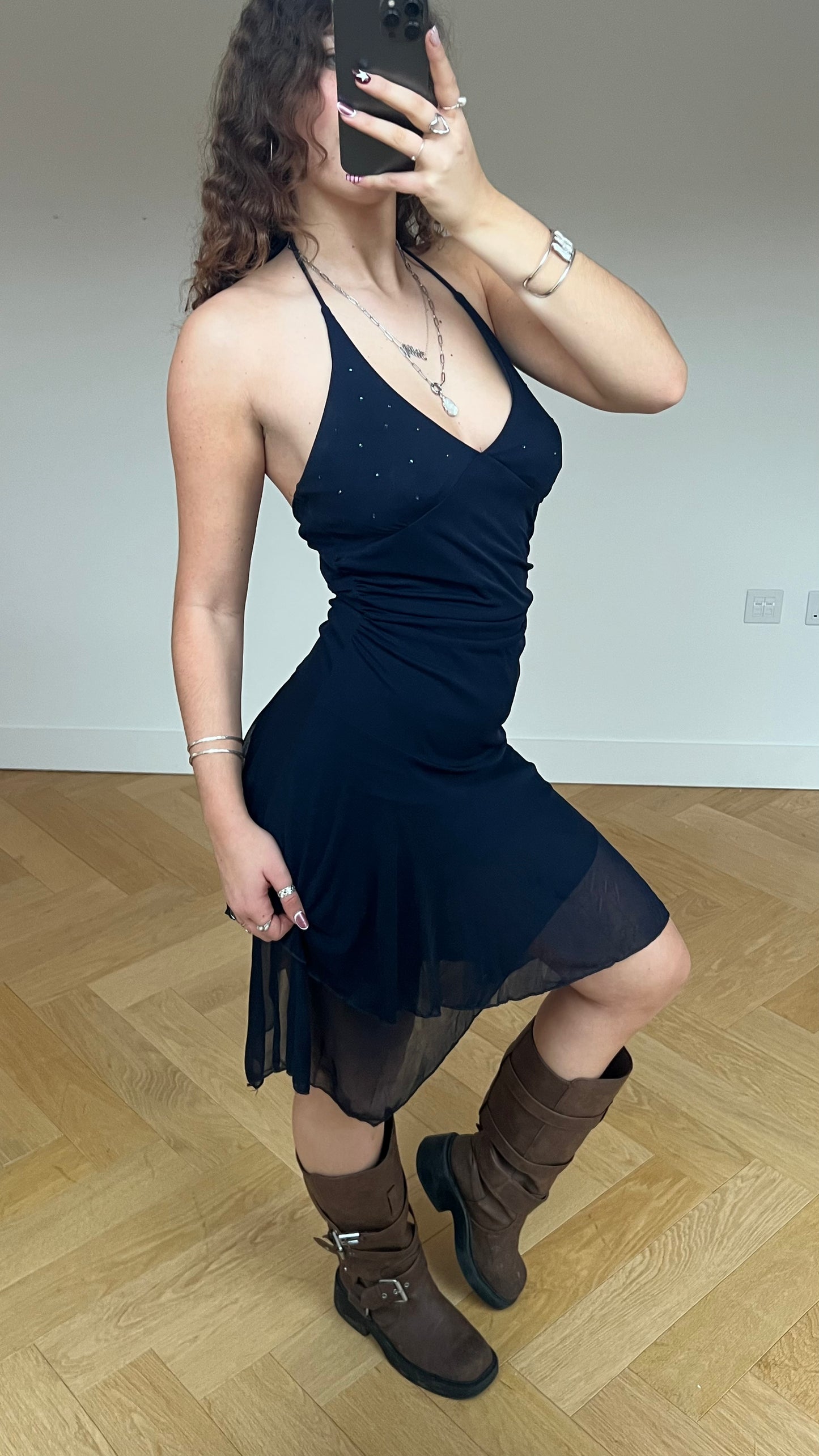 00s mesh navy halter dress- size M