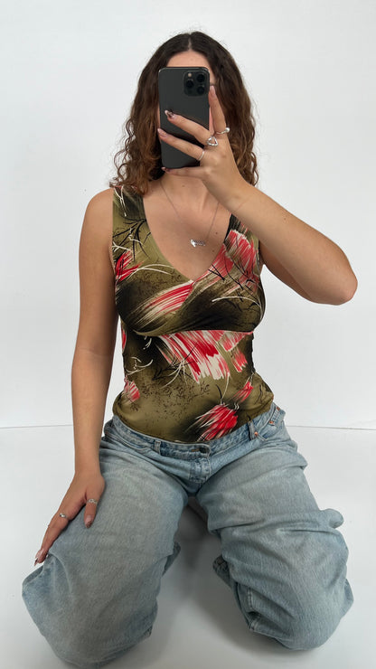 00s green patterned tank top- size M