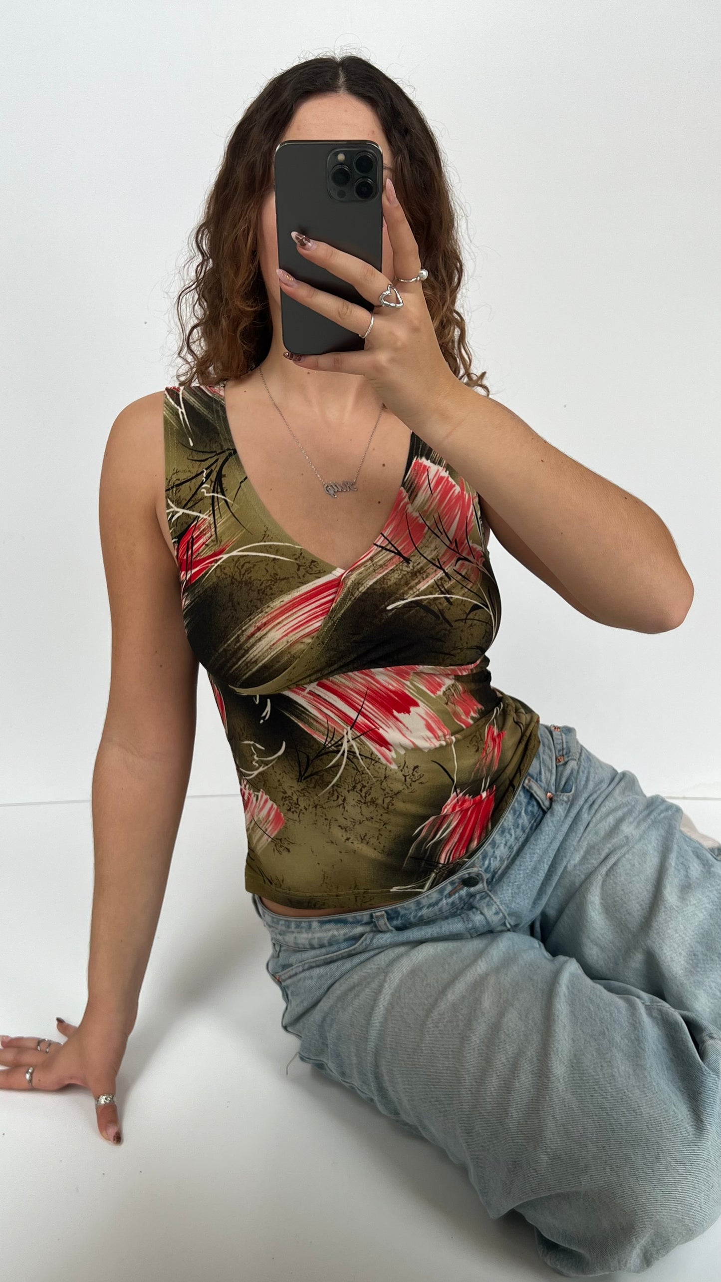 00s green patterned tank top- size M