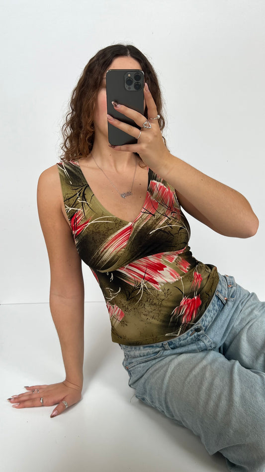 00s green patterned tank top- size M