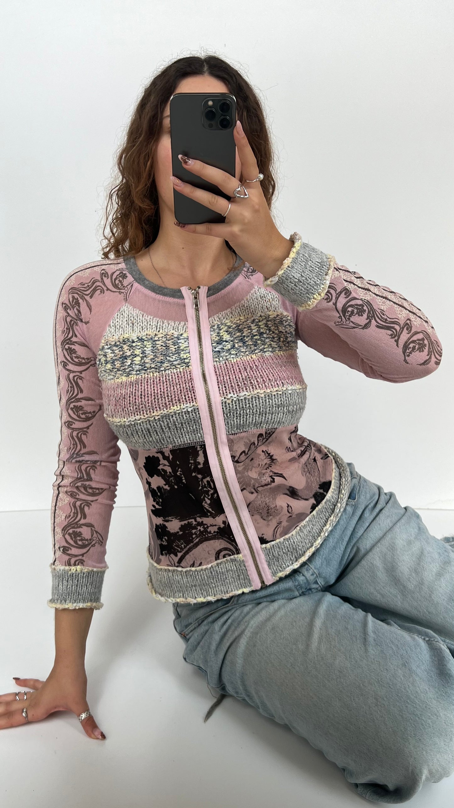 00s pink mesh knit long sleeve top- size S