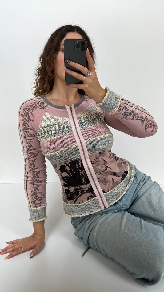 00s pink mesh knit long sleeve top- size S