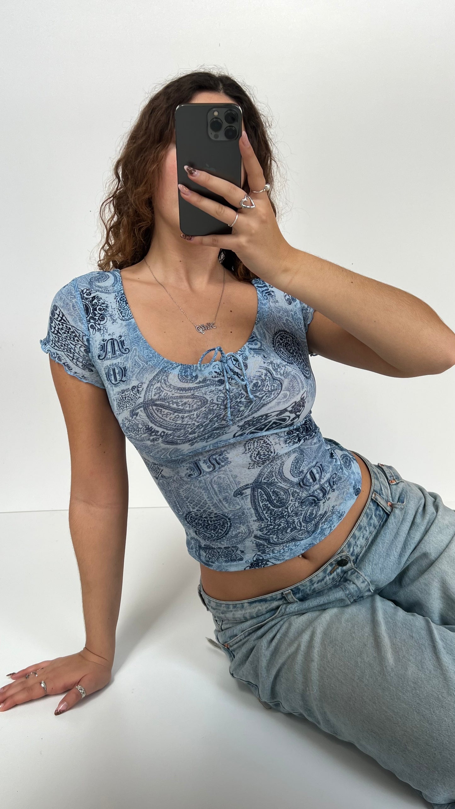 00s blue paisley mesh top- size S