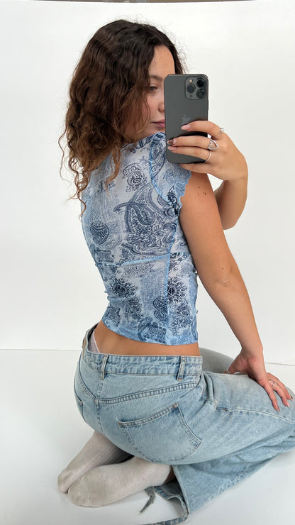 00s blue paisley mesh top- size S