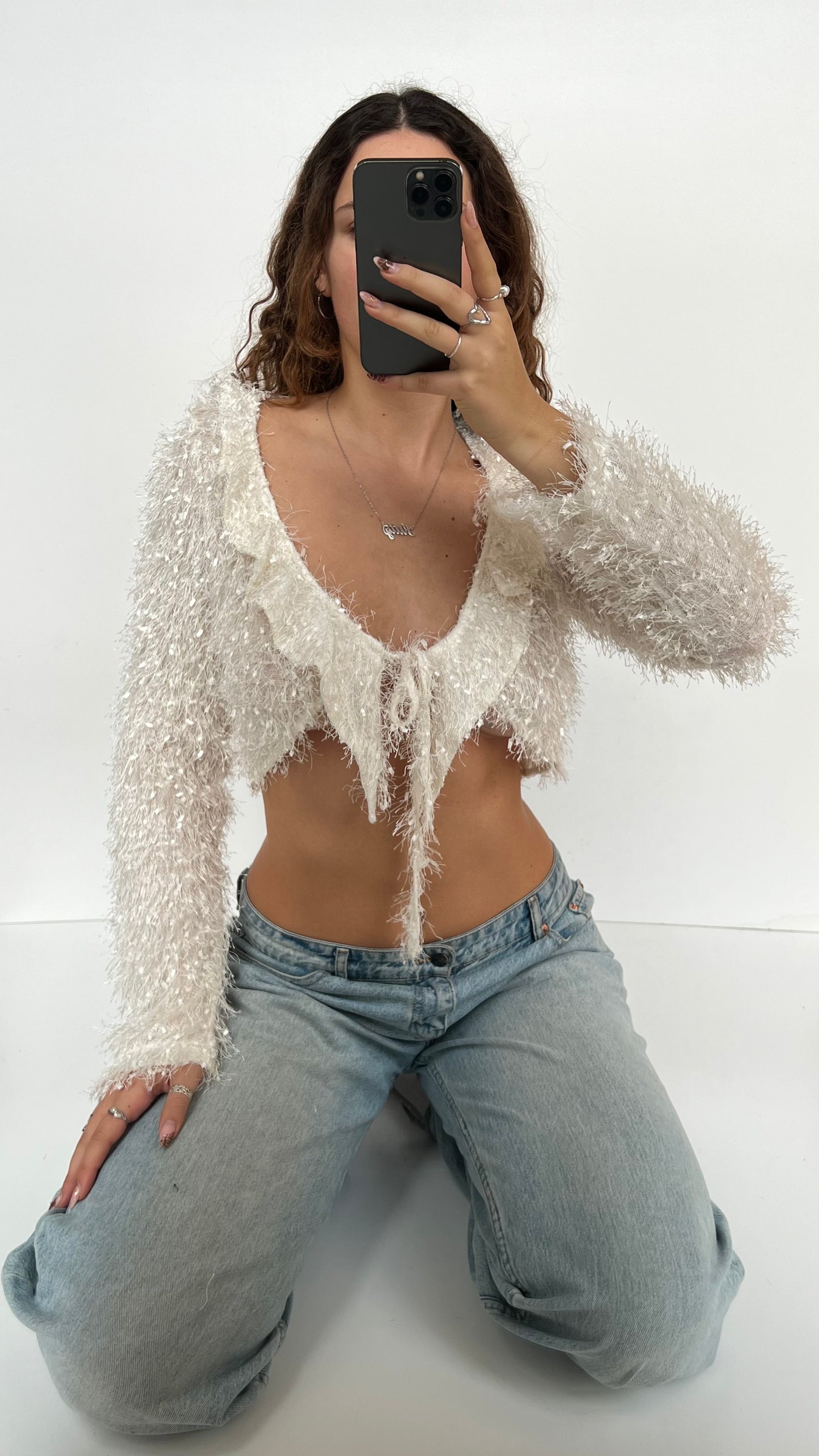 00s white fluffy long sleeve top- size M