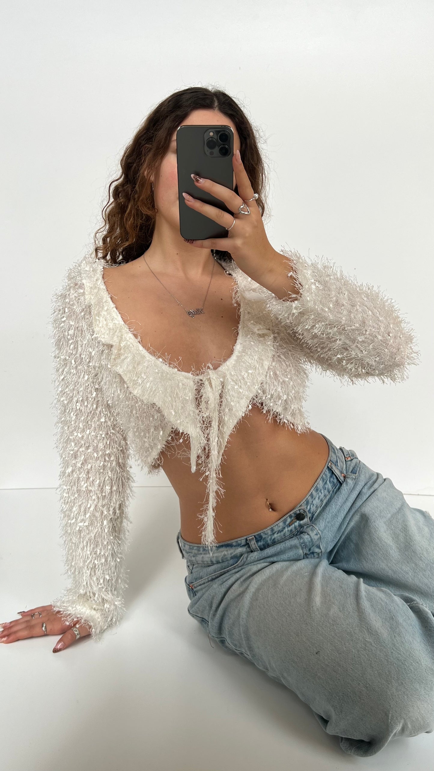 00s white fluffy long sleeve top- size M