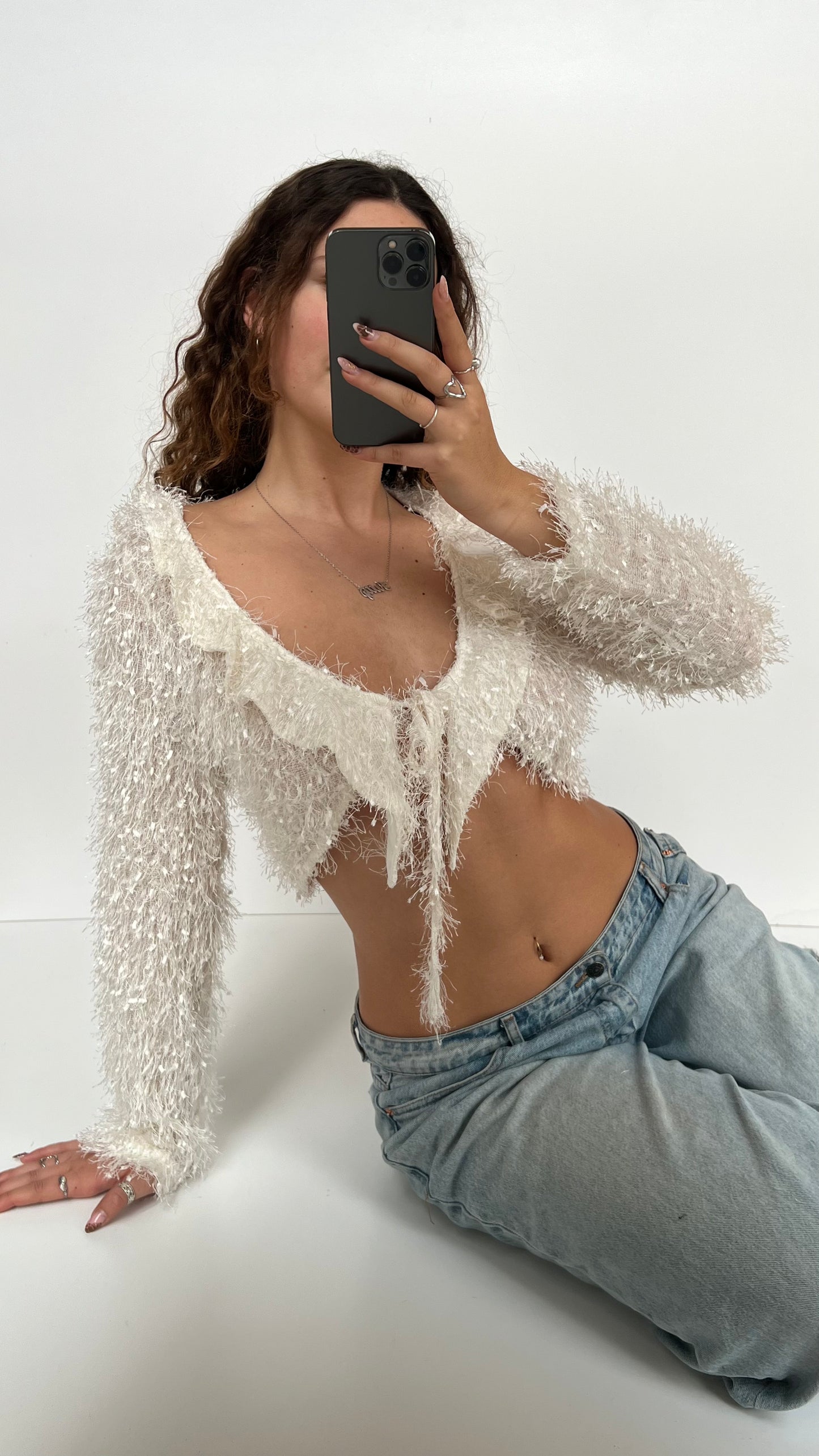 00s white fluffy long sleeve top- size M