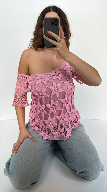 00s pink crochet babydoll top- size L