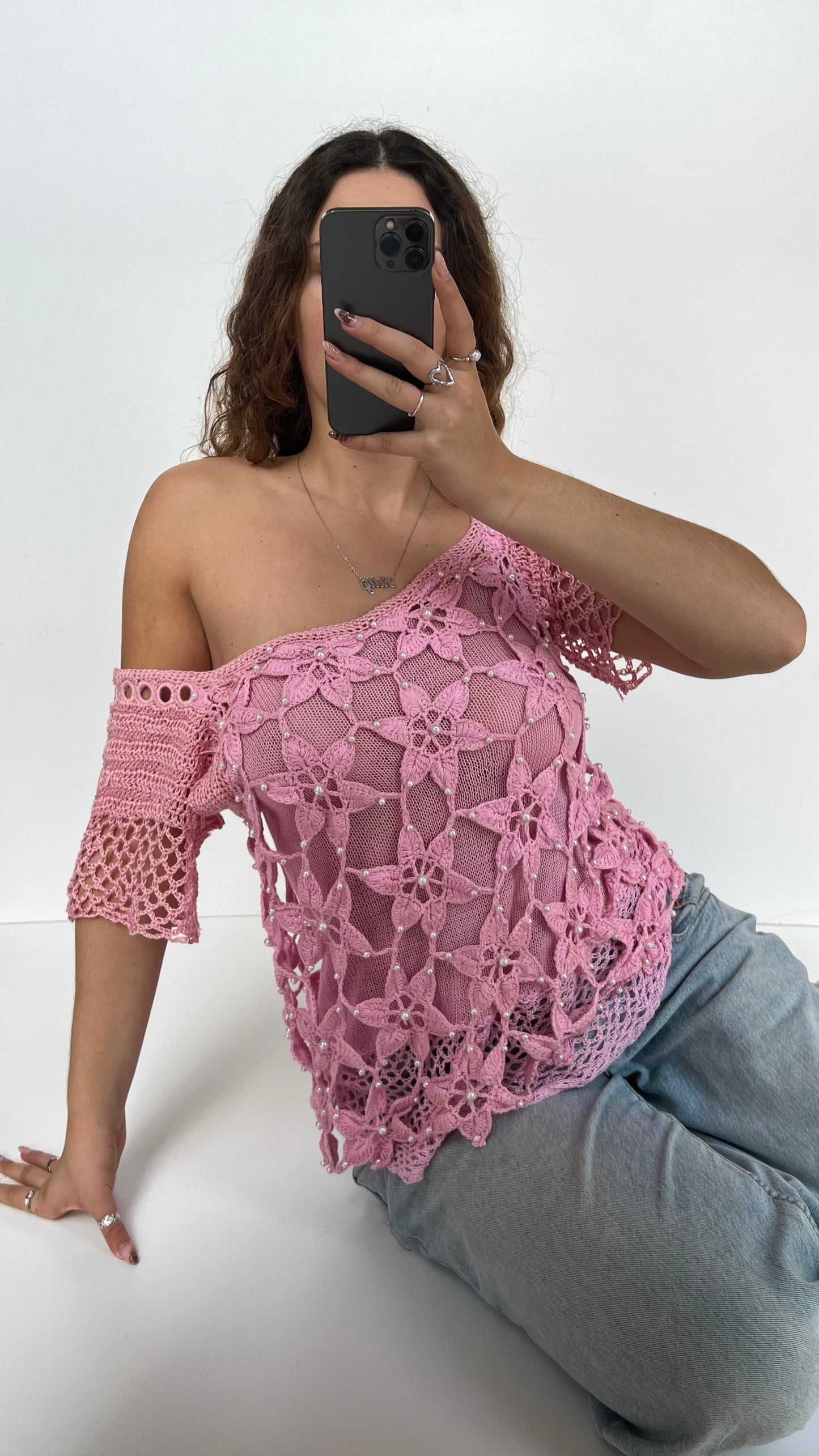 00s pink crochet babydoll top- size L