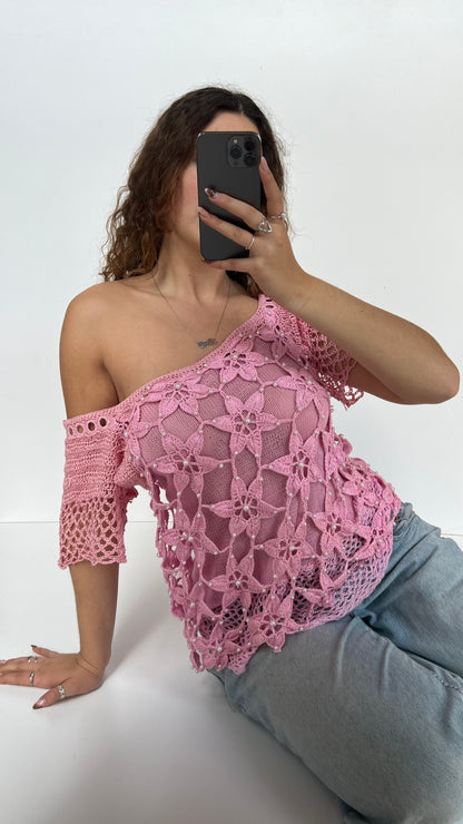 00s pink crochet babydoll top- size L