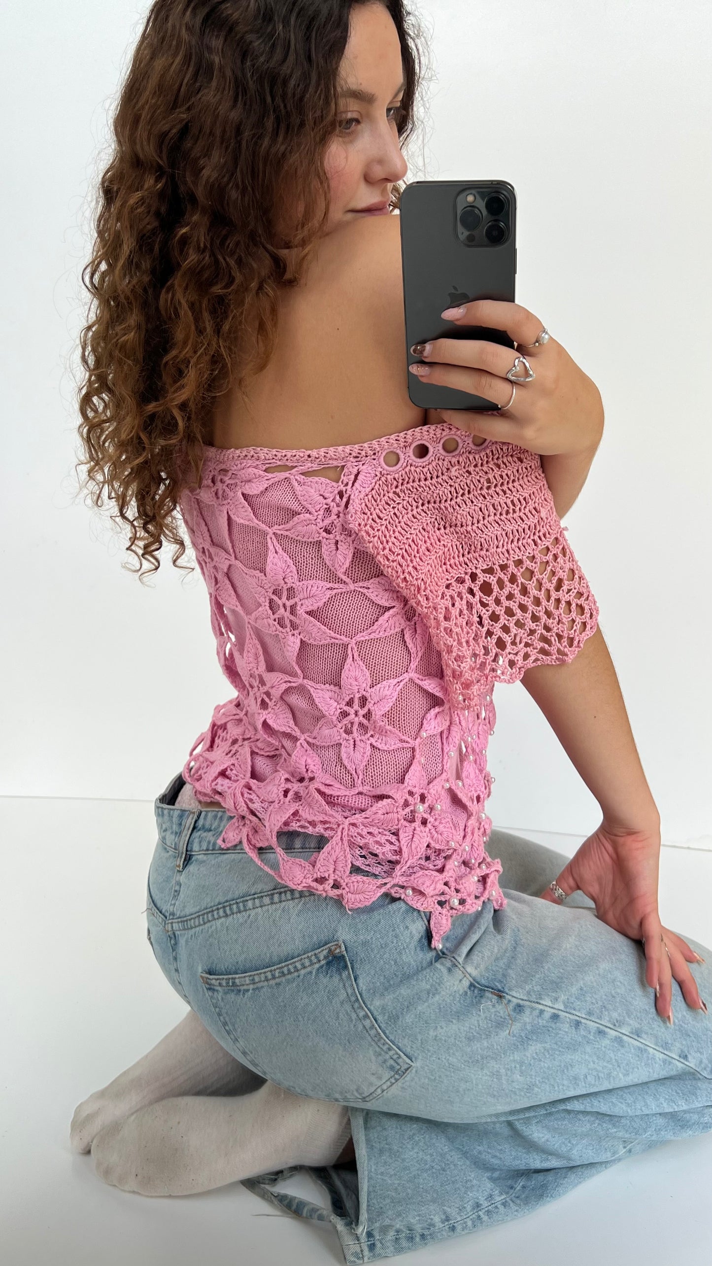 00s pink crochet babydoll top- size L