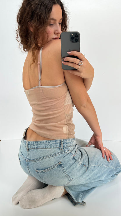 00s beige mesh patchwork cami- size S
