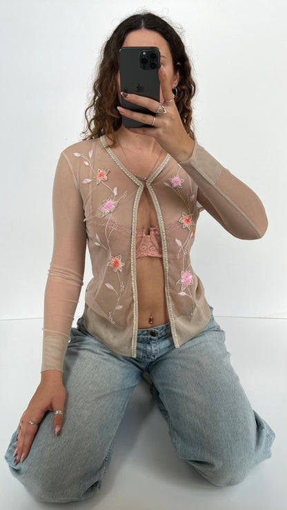 00s cream mesh embroidered top- size S