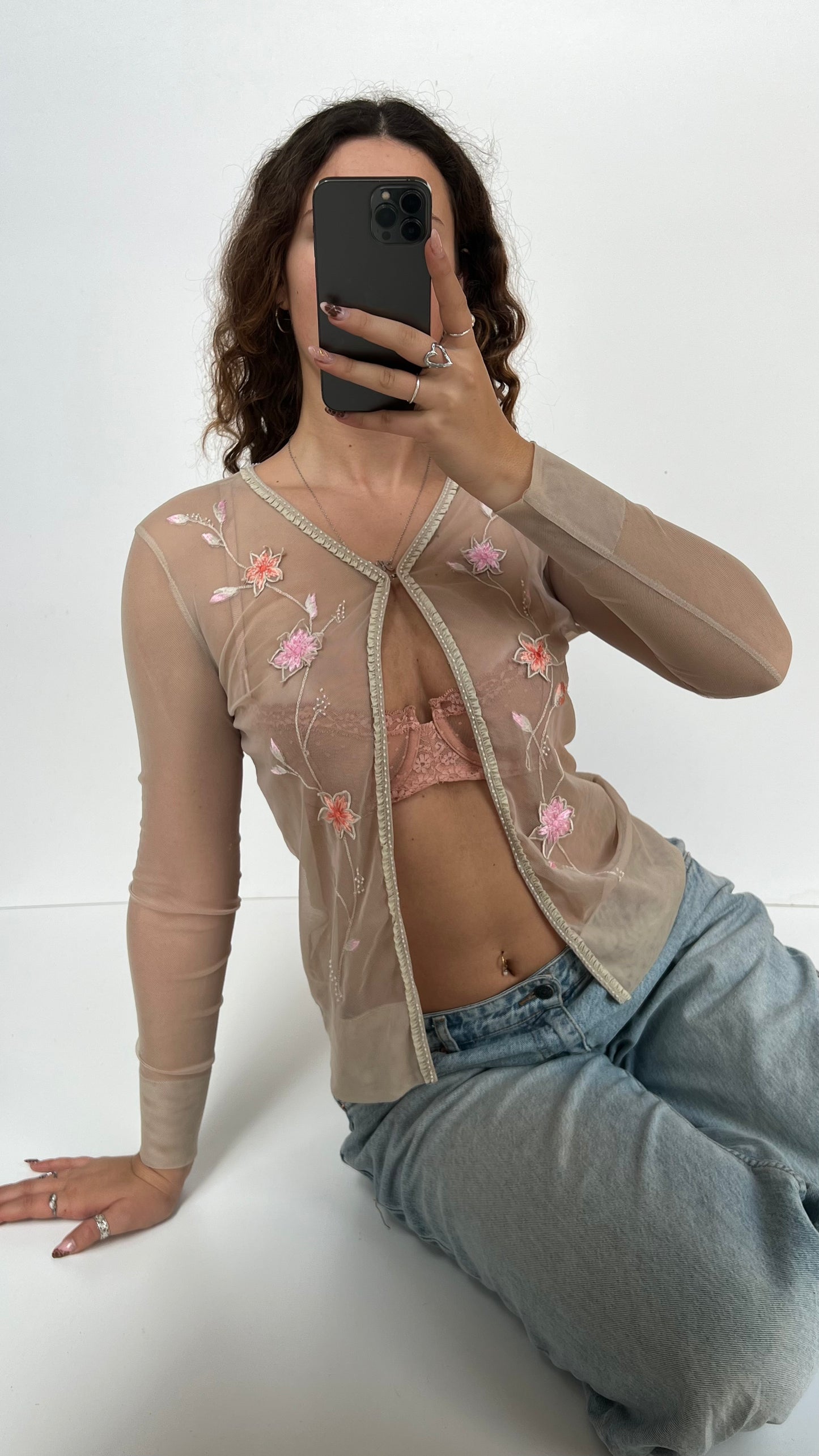 00s cream mesh embroidered top- size S