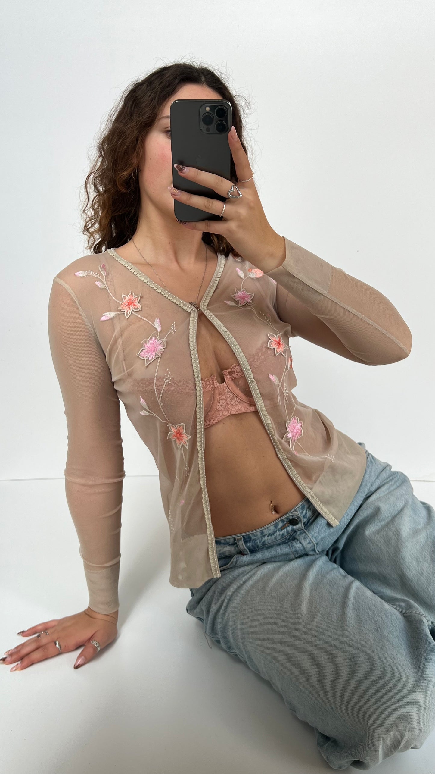 00s cream mesh embroidered top- size S