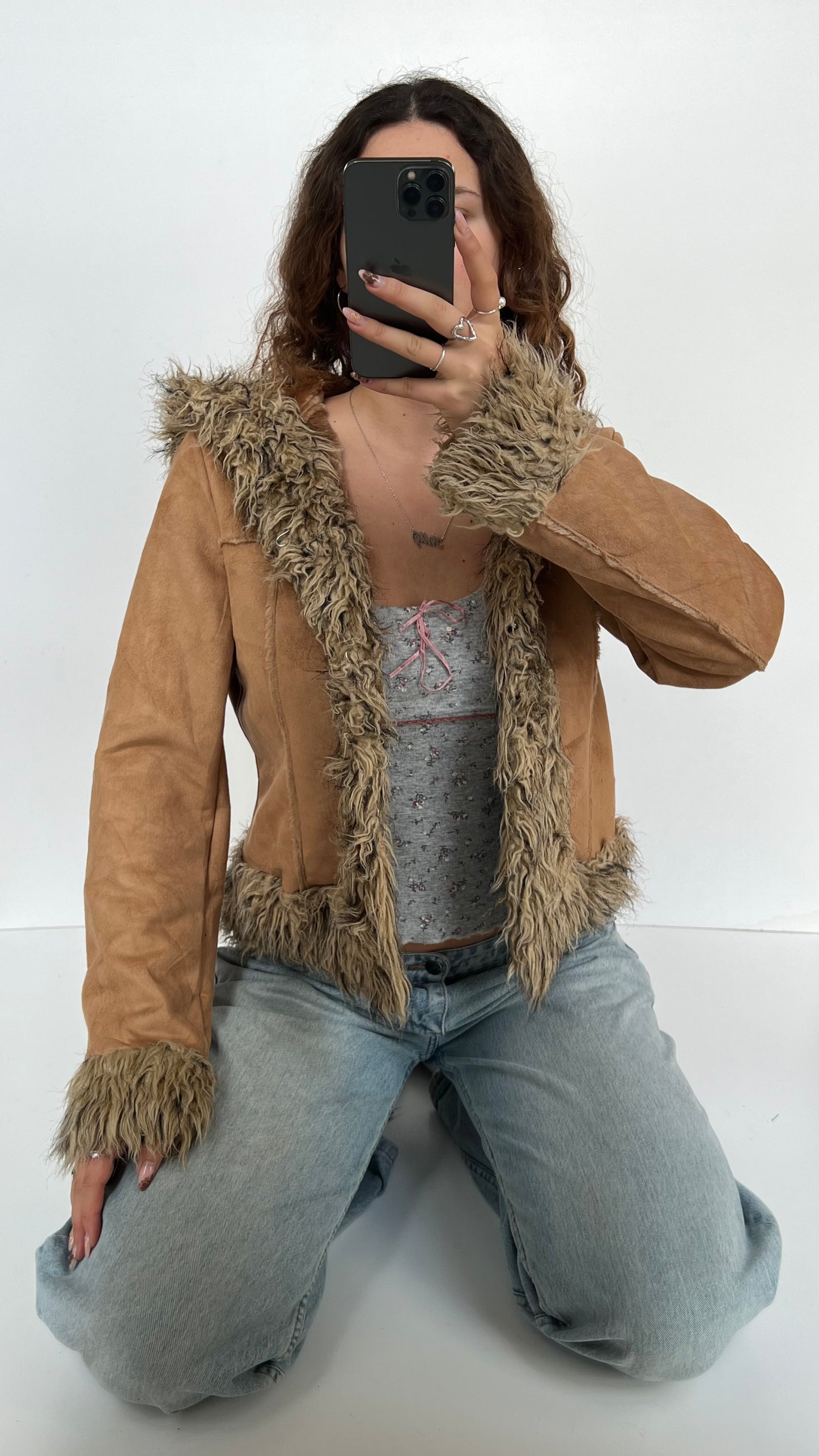 00s brown fur short afghan coat- size L