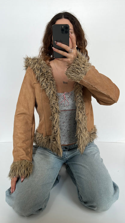 00s brown fur short afghan coat- size L