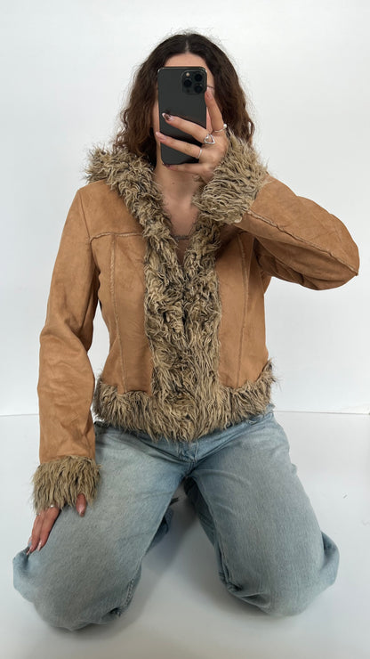 00s brown fur short afghan coat- size L